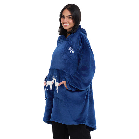 Snuggs Blanket Hoodie Dark Blue Christmas Deer Pocket